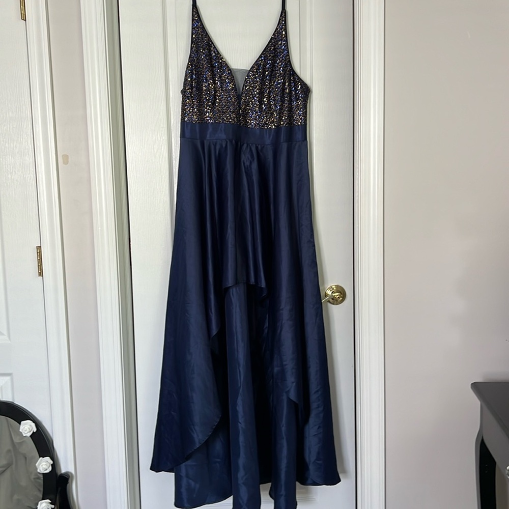 Navy blue prom dress with a sequin top